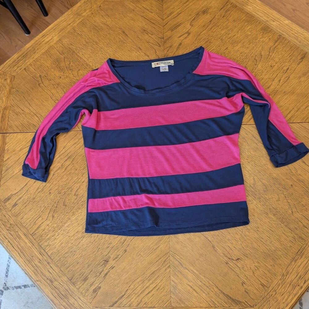 Striped Top Hot Pink Navy Blue Dolman 3/4 Sleeve Shirt Size Medium